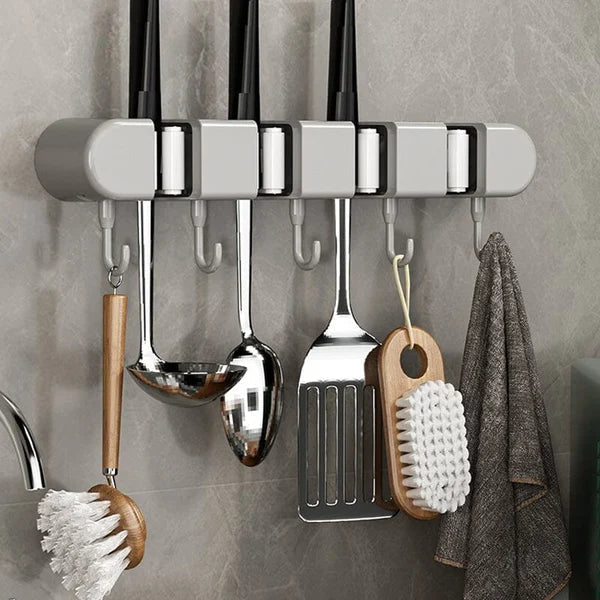 5 Slot Wall Mounted Holder For Mop, Broom, Kitchen, Garden
