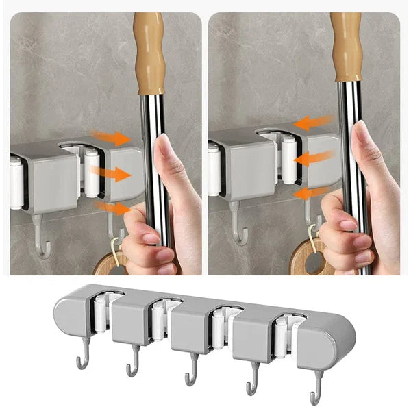 5 Slot Wall Mounted Holder For Mop, Broom, Kitchen, Garden