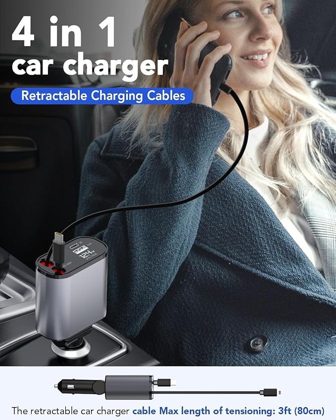 4 in 1 Retractable Car Charger With 120w Fast Charging