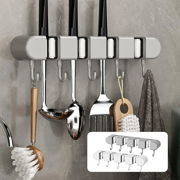 5 Slot Wall Mounted Holder For Mop, Broom, Kitchen, Garden