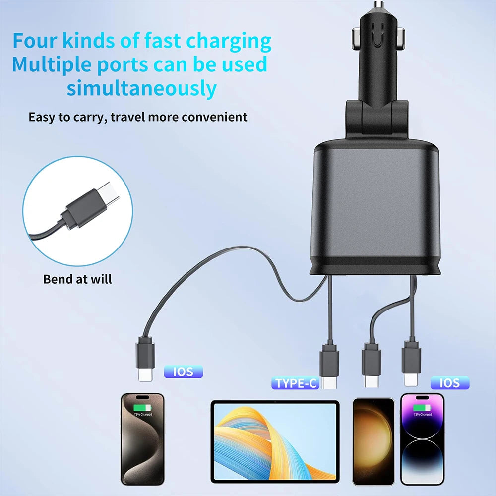 4 in 1 Retractable Car Charger With 120w Fast Charging