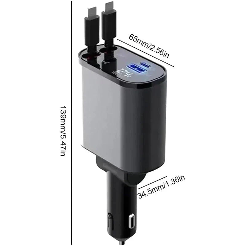 4 in 1 Retractable Car Charger With 120w Fast Charging