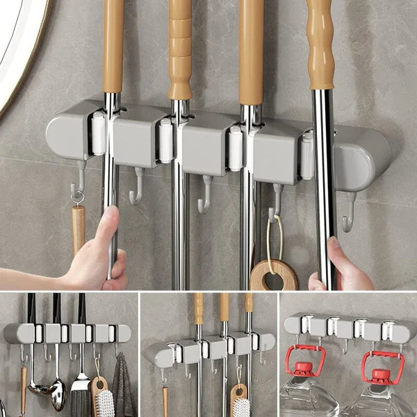 5 Slot Wall Mounted Holder For Mop, Broom, Kitchen, Garden