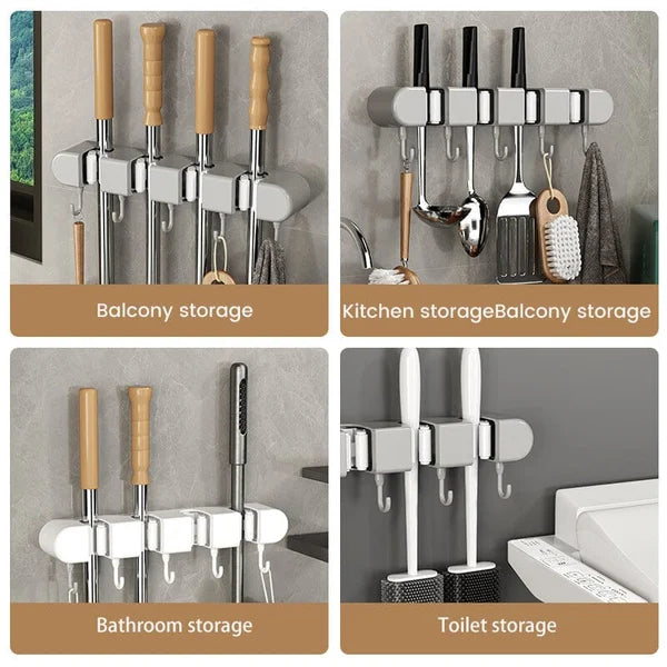 5 Slot Wall Mounted Holder For Mop, Broom, Kitchen, Garden