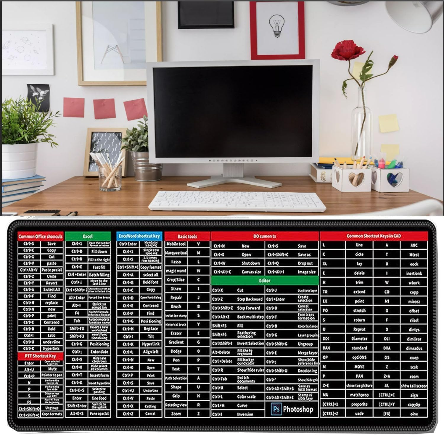 Key Super Large Anti-Slip Keyboard Pad - with Office Software Shortcuts Pattern